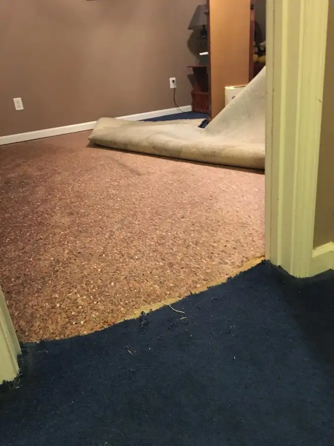 Carpet pad removal revealing water damage during Drying & Dehumidification in North Fond du Lac